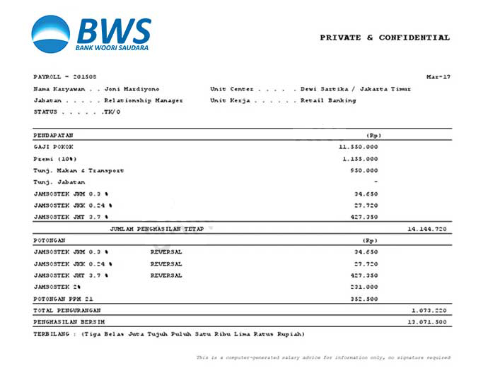 Contoh Slip Gaji Bank Woori Saudara Indonesia