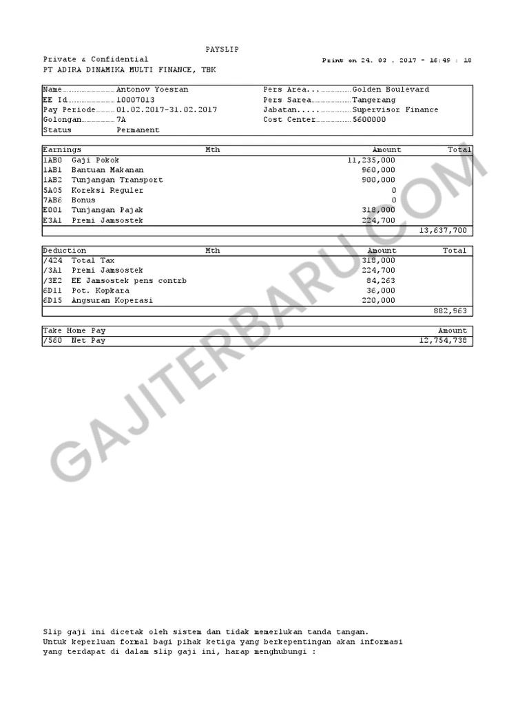 Contoh Slip Gaji Karyawan Adira Finance