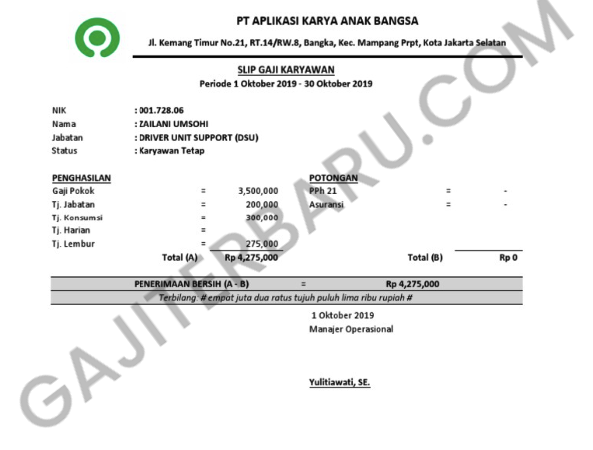 Contoh Slip Gaji Karyawan Gojek
