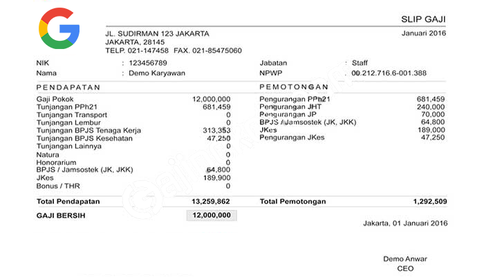 Contoh Slip Gaji Karyawan Google Indonesia