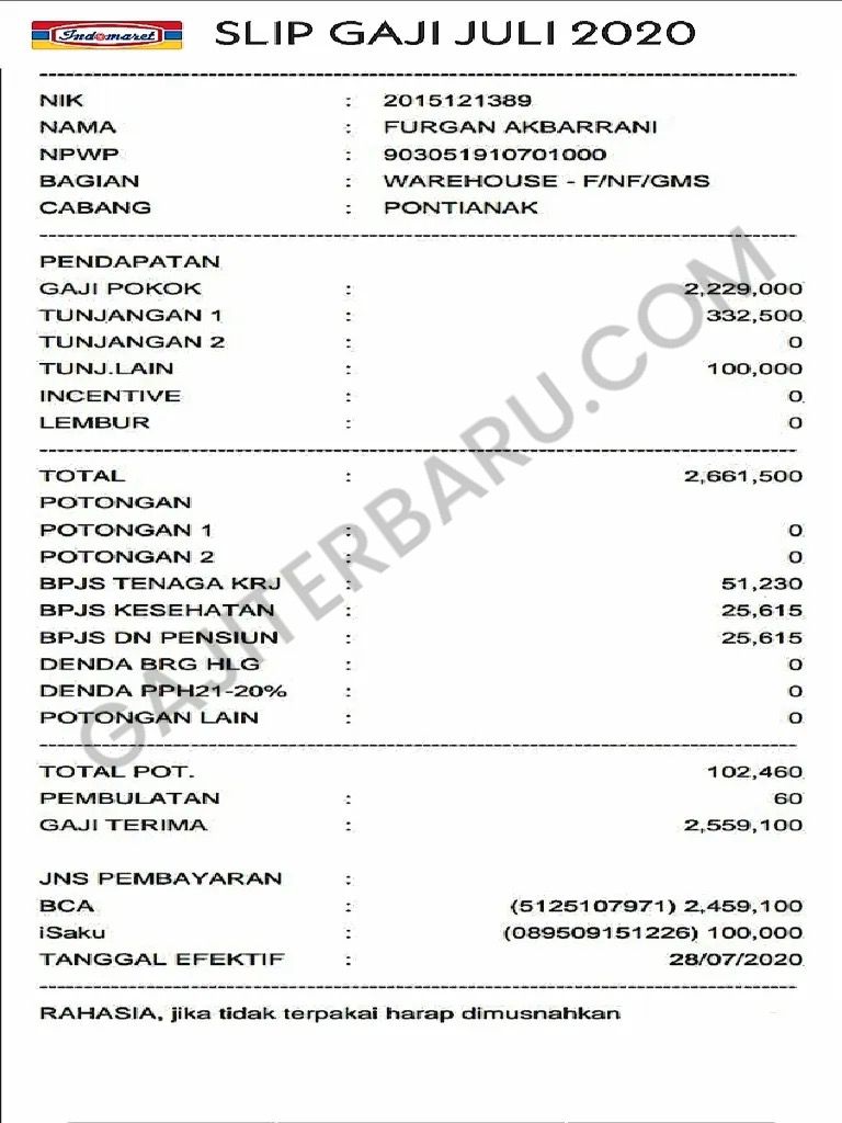 Contoh Slip Gaji Karyawan Indomaret