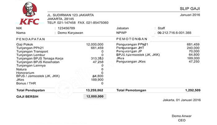Contoh Slip Gaji Karyawan KFC