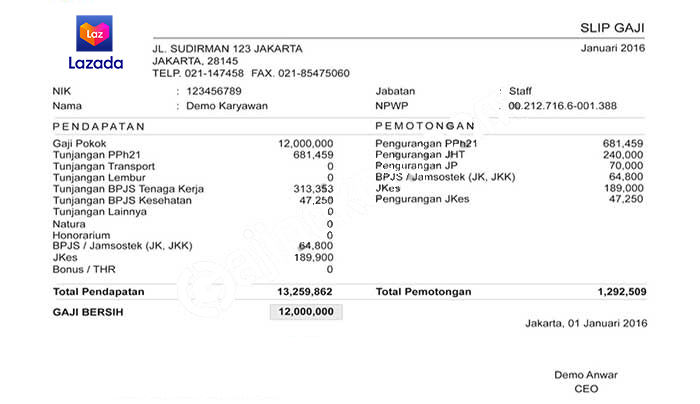 Contoh Slip Gaji Karyawan Lazada