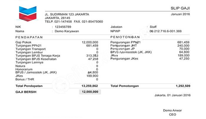 Contoh Slip Gaji Karyawan PT Chevron