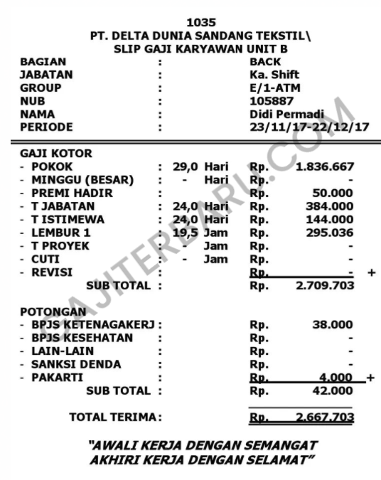 Contoh Slip Gaji Karyawan Pabrik Tekstil