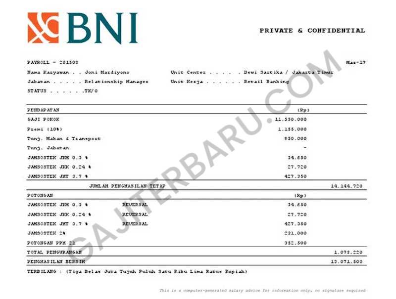 Contoh Slip Gaji Pegawai Bank BNI