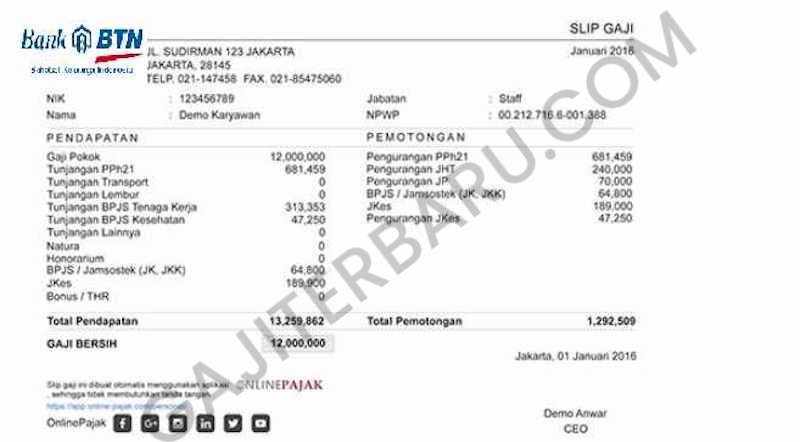Contoh Slip Gaji Pegawai Bank BTN