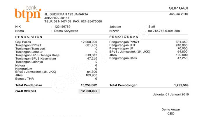 Contoh Slip Gaji Pegawai Bank BTPN