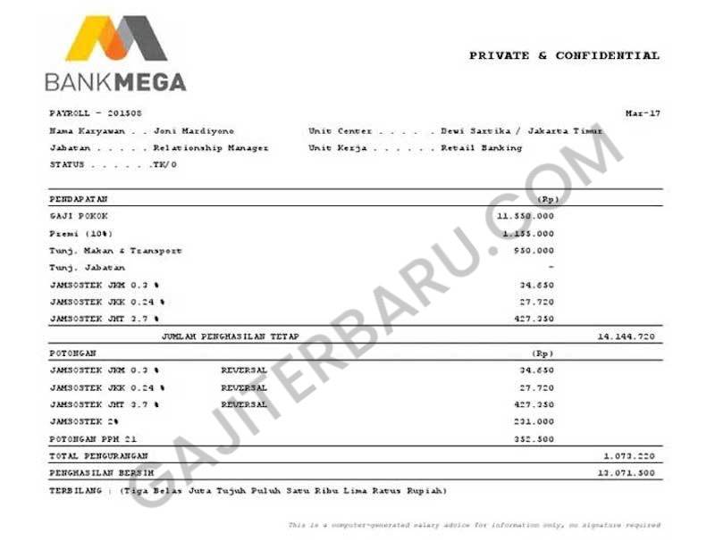 Contoh Slip Gaji Pegawai Bank Mega