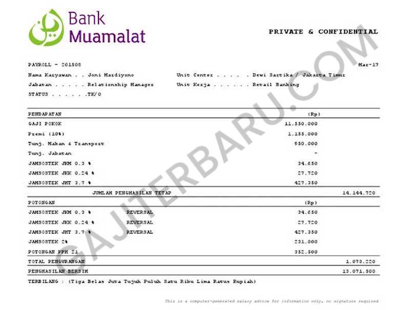 Contoh Slip Gaji Pegawai Bank Muamalat