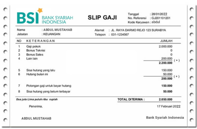 Contoh Slip Gaji Pegawai Bank Syariah Indonesia