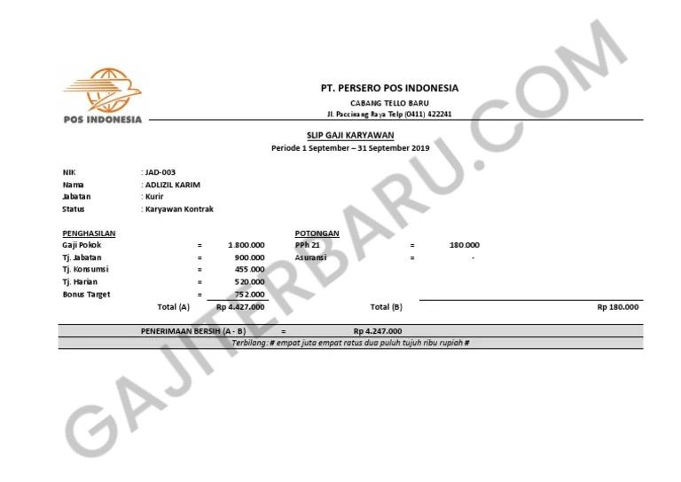 Contoh Slip Gaji Pegawai Kantor Pos