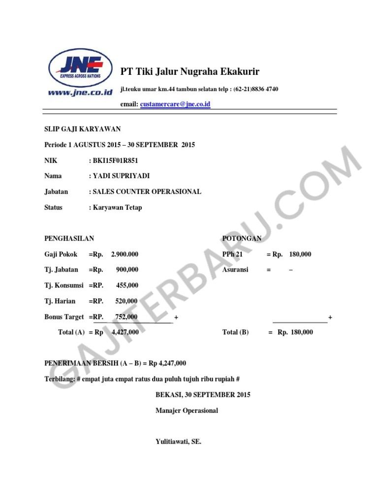 Contoh slip gaji karyawan jne