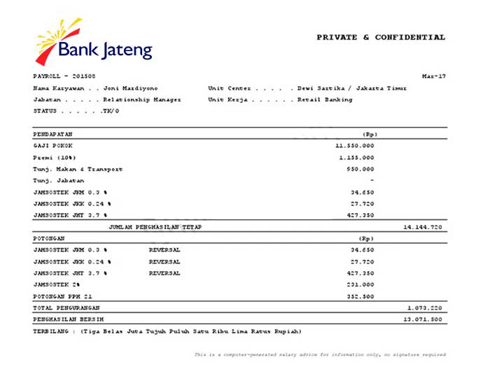 contoh slip gaji Bank Jateng
