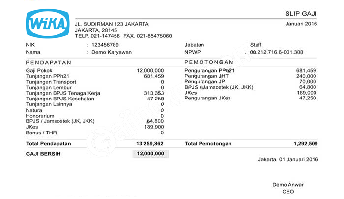 Contoh Slip Gaji Karyawan PT Wijaya Karya