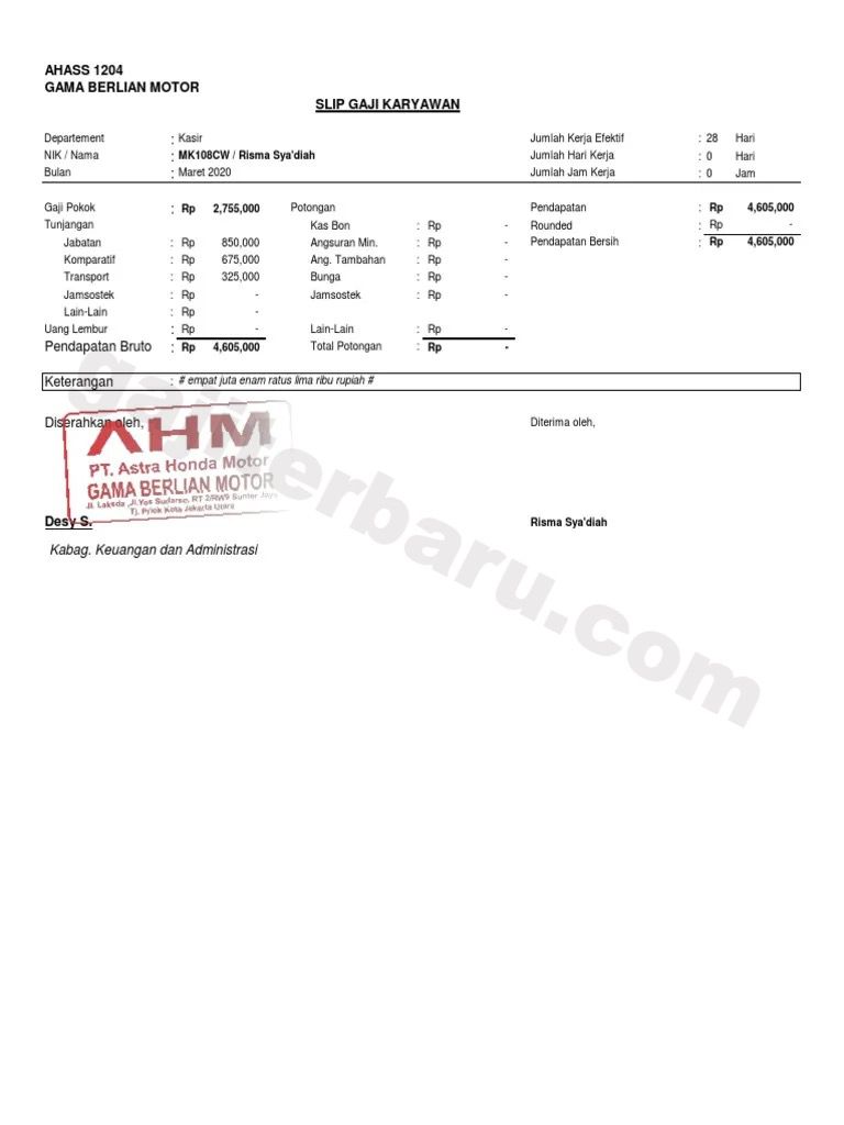 Contoh Slip Gaji Karyawan PT AHM