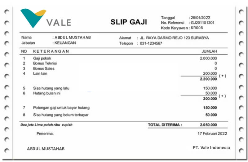Contoh Slip Gaji PT Vale Indonesia