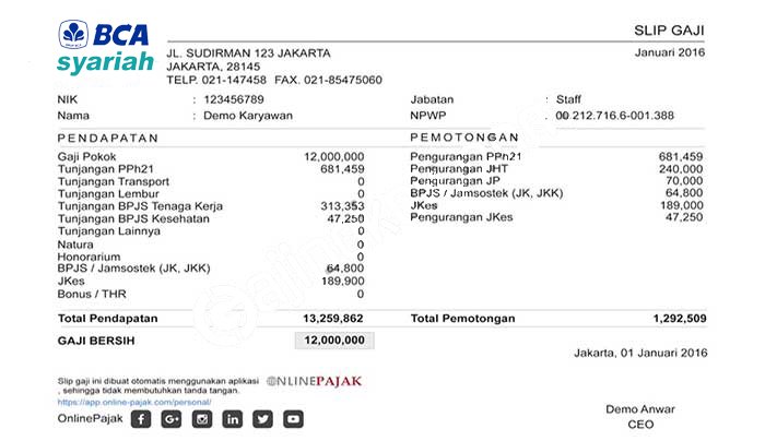 Contoh Slip Gaji Pegawai Bank BCA Syariah