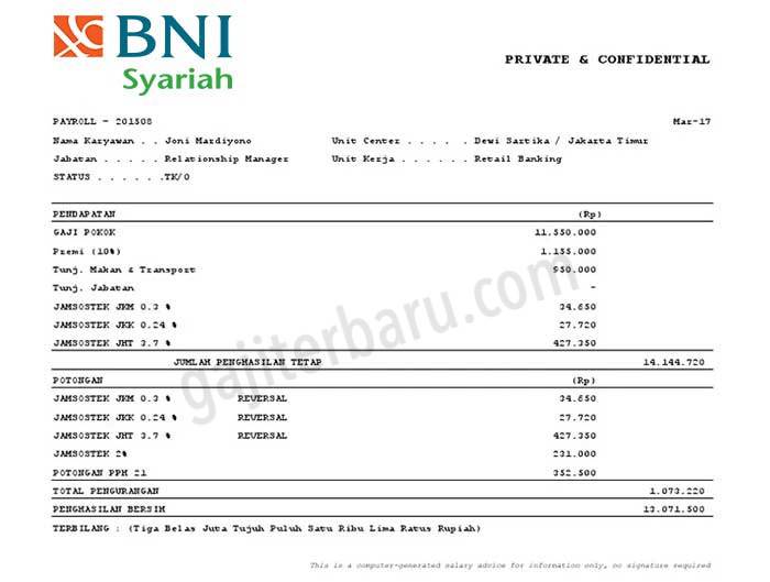 Contoh Slip Gaji Pegawai Bank BNI Syariah