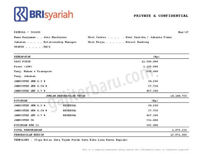 Contoh Slip Gaji Pegawai Bank BRI Syariah