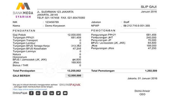 Contoh Slip Gaji Pegawai Bank Mega Syariah