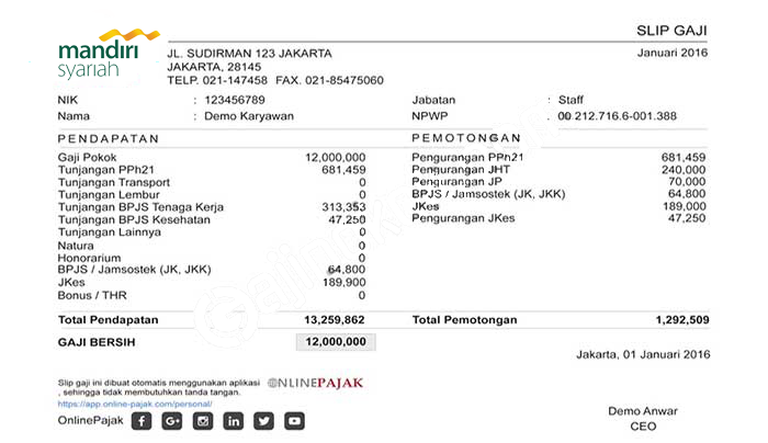 Contoh Slip Gaji Pegawai Bank Syariah Mandiri