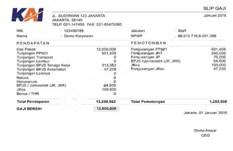Contoh Slip Gaji Masinis KAI