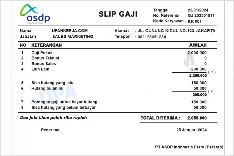 Contoh Slip Gaji Pegawai PT ASDP Ferry