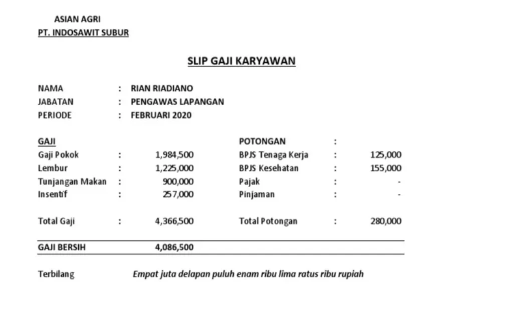Contoh Slip Gaji Pegawai PT Asian Agri