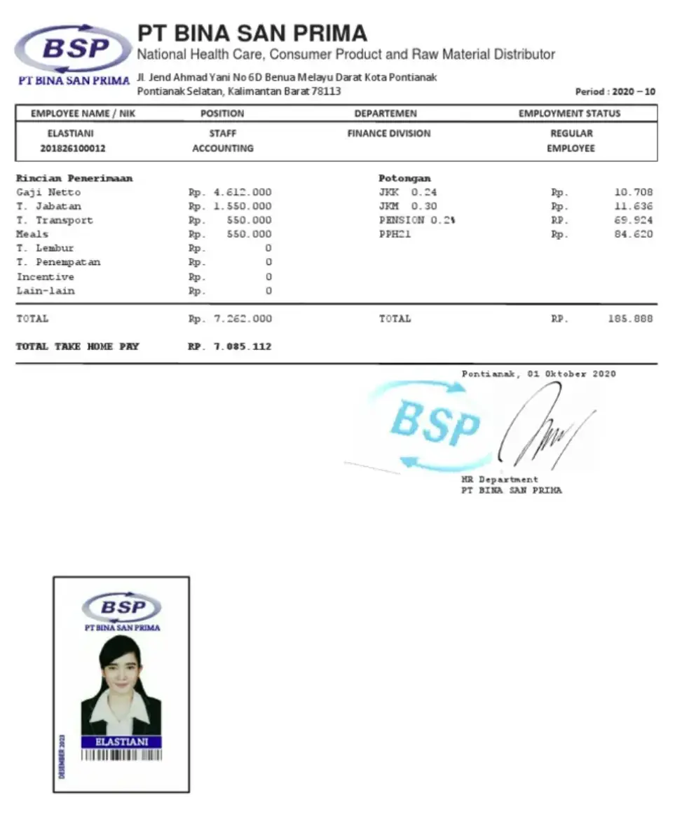 Contoh Slip Gaji Pegawai PT Bina San Prima