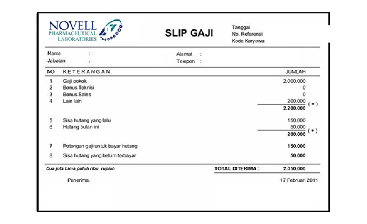 Contoh Slip Gaji Pegawai PT Novell Pharmaceutical Laboratories