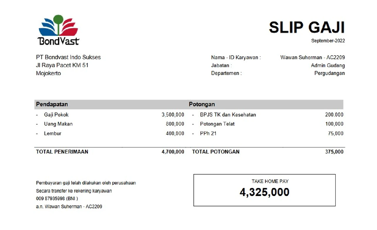 Contoh Slip Gaji Pegawai PT Bondvast Indo Sukses