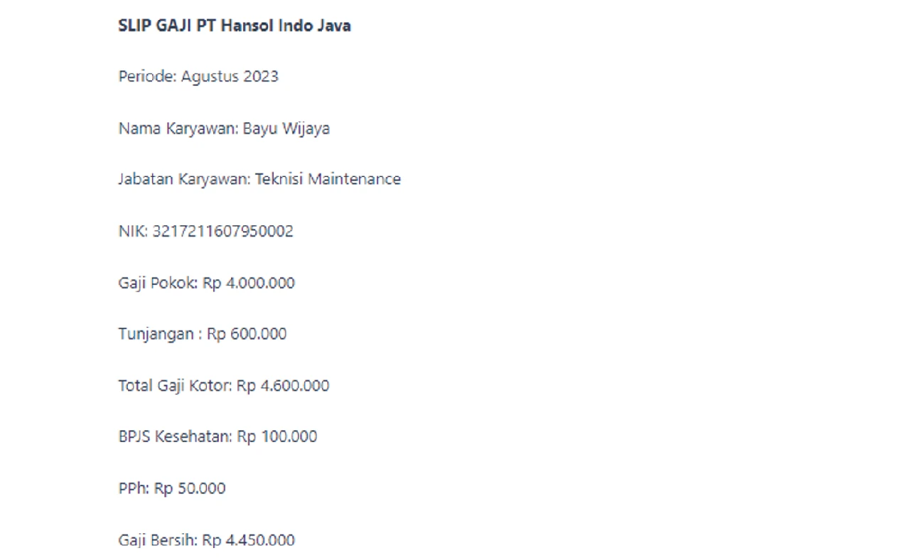 Contoh Slip Gaji Pegawai PT Hansoll Indo Java
