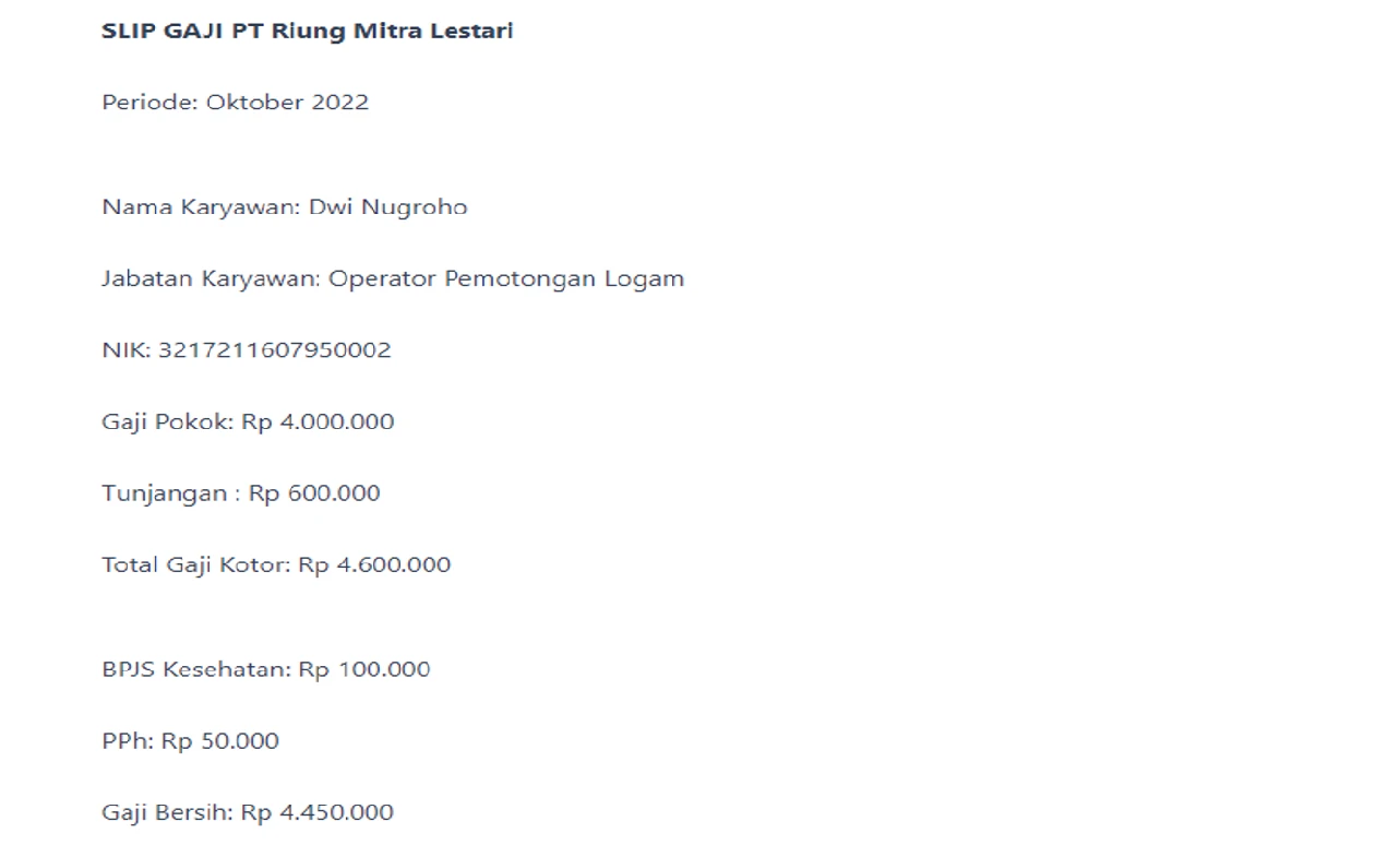 Contoh Slip Gaji Pegawai PT Riung Mitra Lestari