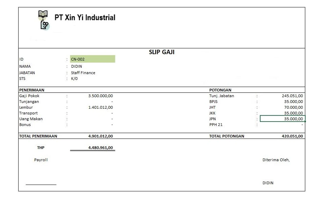 Contoh Slip Gaji Pegawai PT Xin Yi Industrial