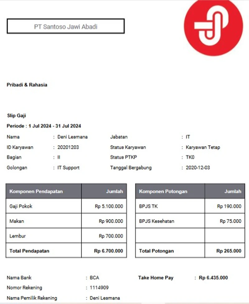 Contoh Slip Gaji Karyawan PT Santoso Jawi Abadi