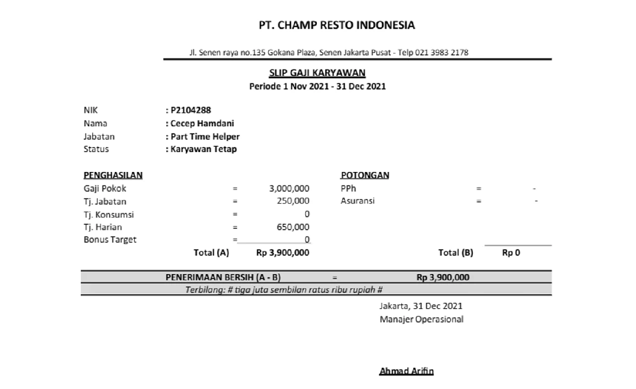 Contoh Slip Gaji Pegawai PT Champ Resto Indonesia