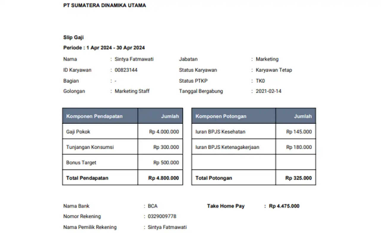 Contoh Slip Gaji Pegawai PT Sumatera Dinamika Utama