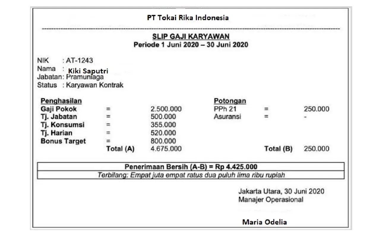Contoh Slip Gaji Pegawai PT Tokai Rika Indonesia