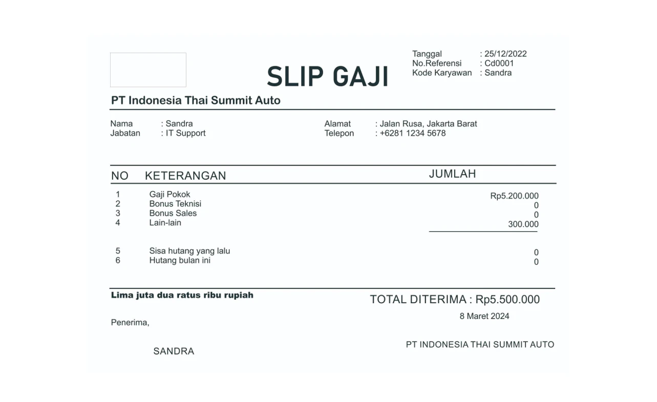 Contoh Slip Gaji Pegawai PT Indonesia Thai Summit Auto