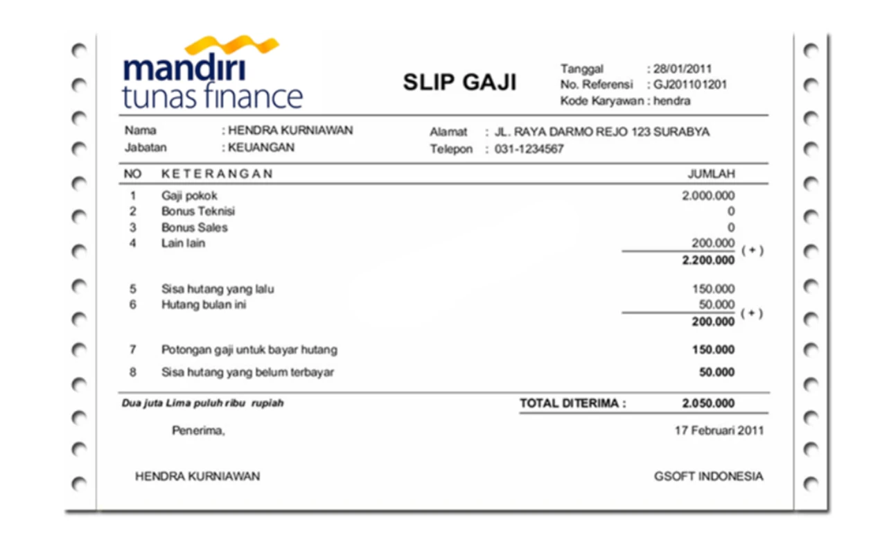 Contoh Slip Gaji Pegawai PT Mandiri Tunas Finance