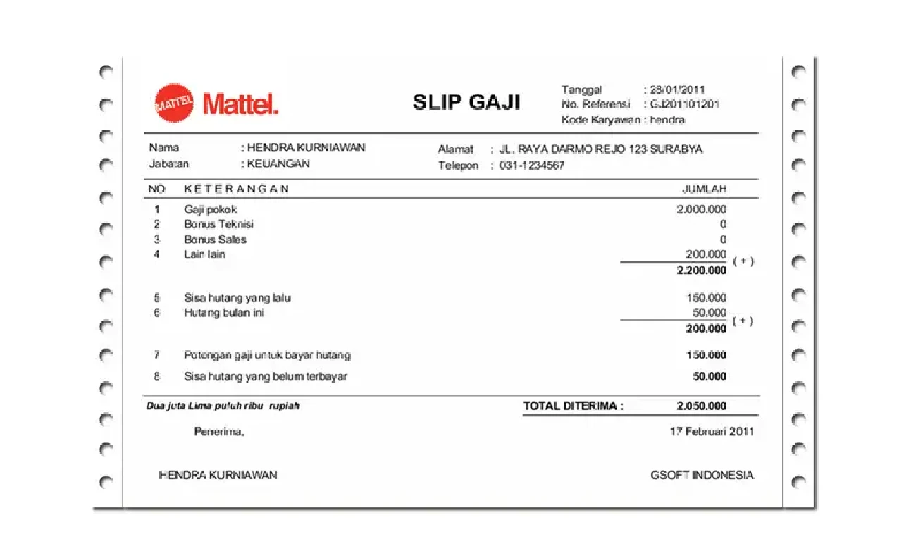 Contoh Slip Gaji Pegawai PT Mattel Indonesia