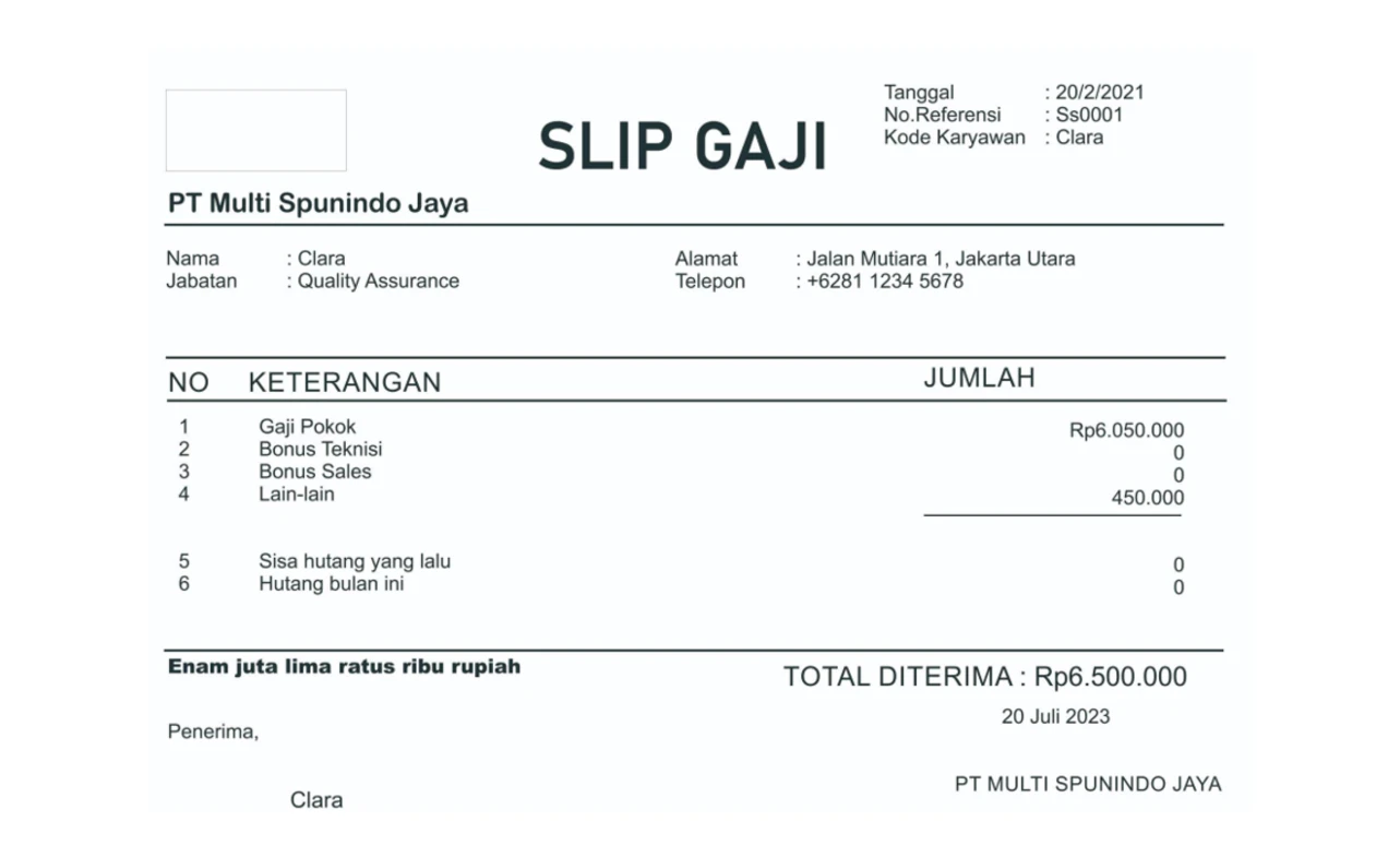 Contoh Slip Gaji Pegawai PT Multi Spunindo Jaya