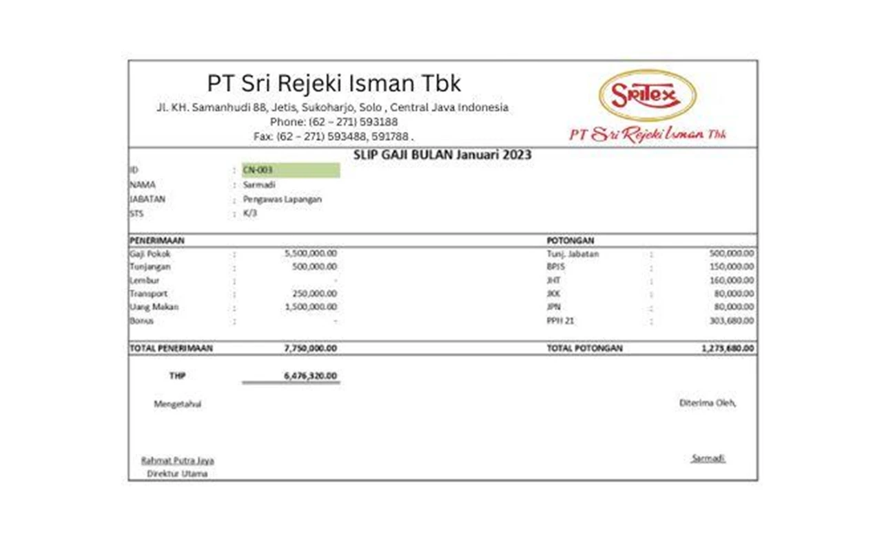 Contoh Slip Gaji Pegawai PT Sritex
