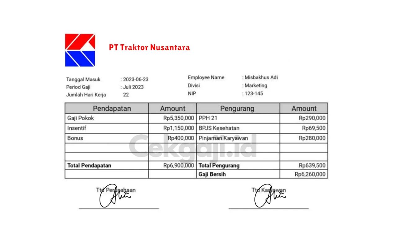 Contoh Slip Gaji Pegawai PT Traktor Nusantara