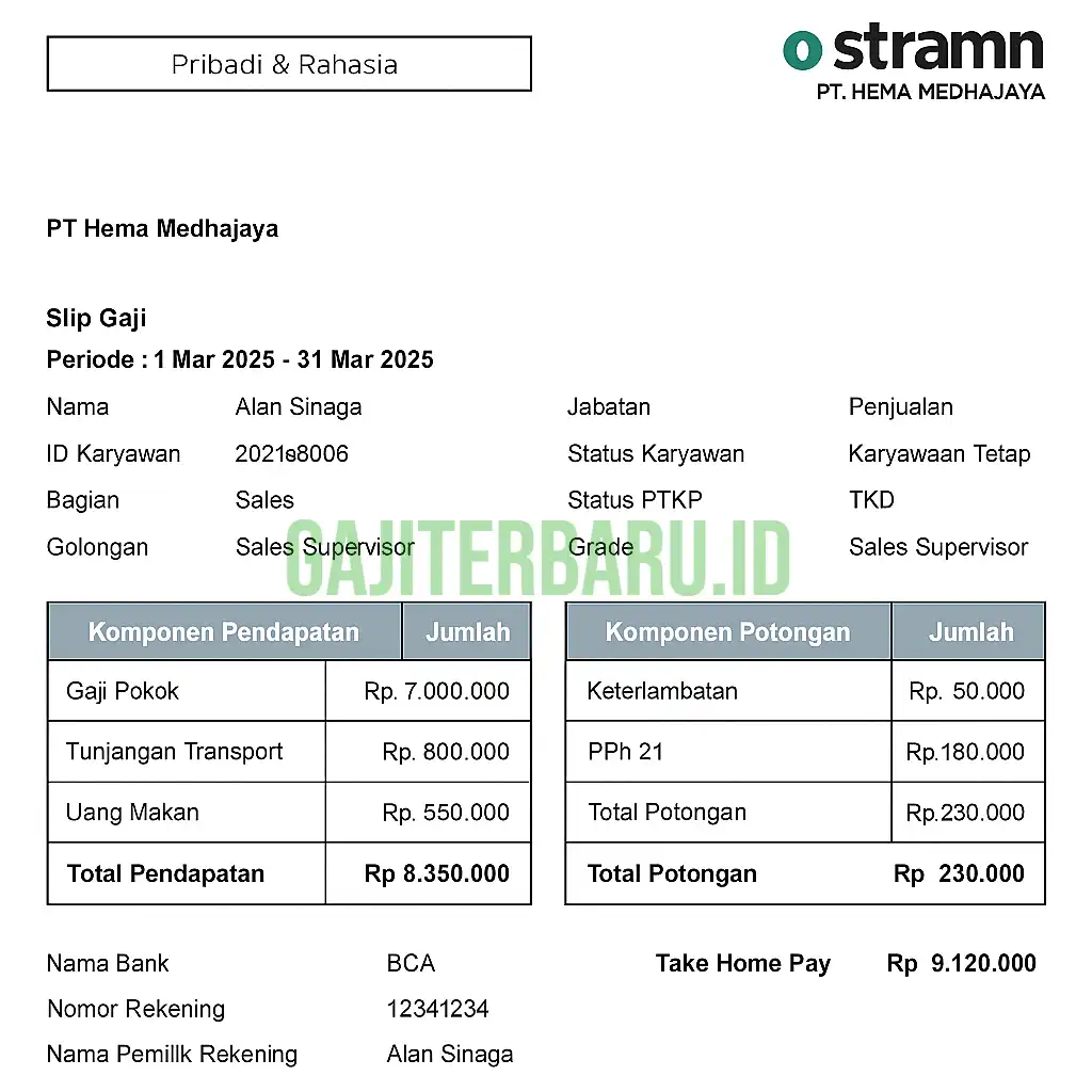 Contoh Slip Gaji Pegawai PT Hema Medhajaya