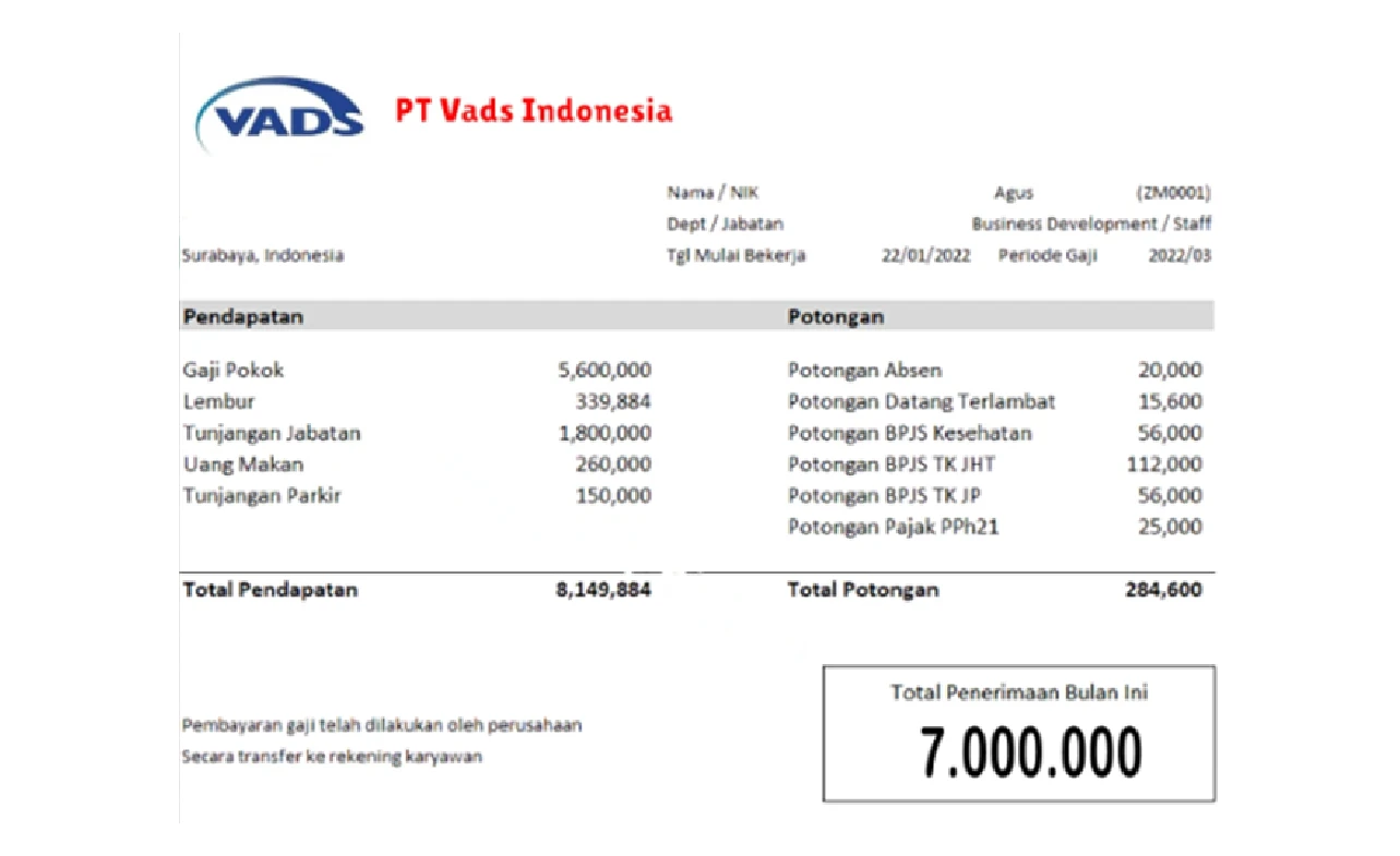 Contoh Slip Gaji Pegawai PT VADS Indonesia