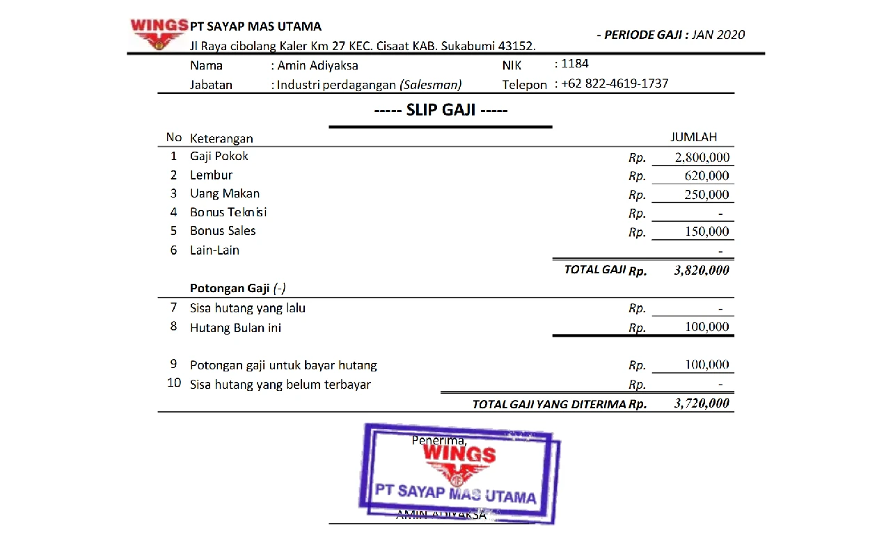 Contoh Slip Gaji Pegawai PT Wings Group