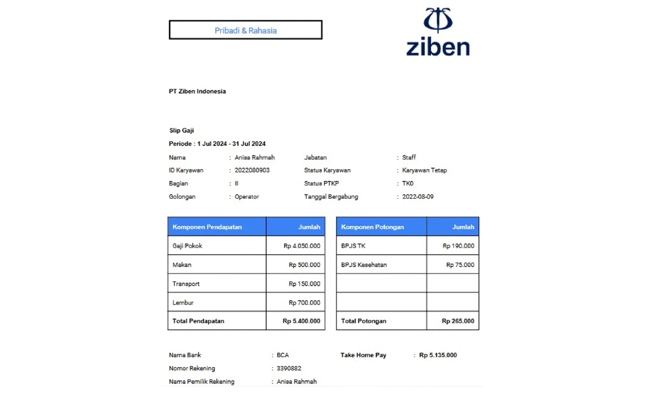 Contoh Slip Gaji Pegawai PT Ziben Indonesia