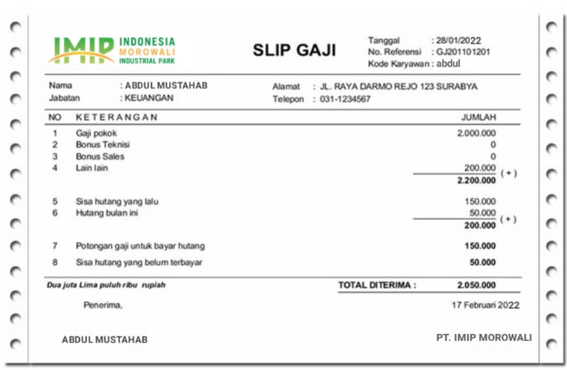 Contoh Slip Gaji PT IMIP Morowali